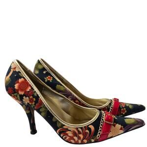 Floral Satin Heels Size ~6.5–7 Multicolor Pointed Toe Pumps Red Buckle Accent